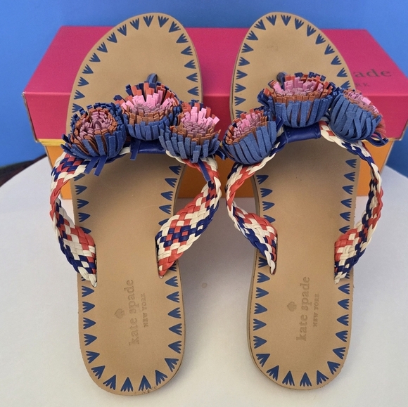 Kate Spade Idette Fringe Rosette Pom Sandal Flip Flop Blue Tangelo Tan Women’s 9 - Picture 9 of 15